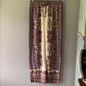 Bohemian palazzo pants paisley red blue ivory NWOT